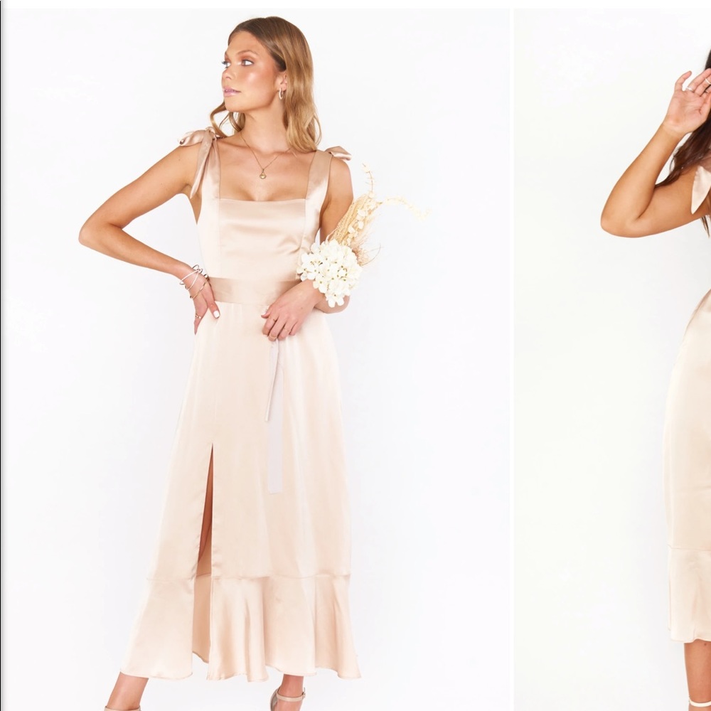 Show Me Your MUMU Claire midi dress in champagne luxe satin. New with tags.